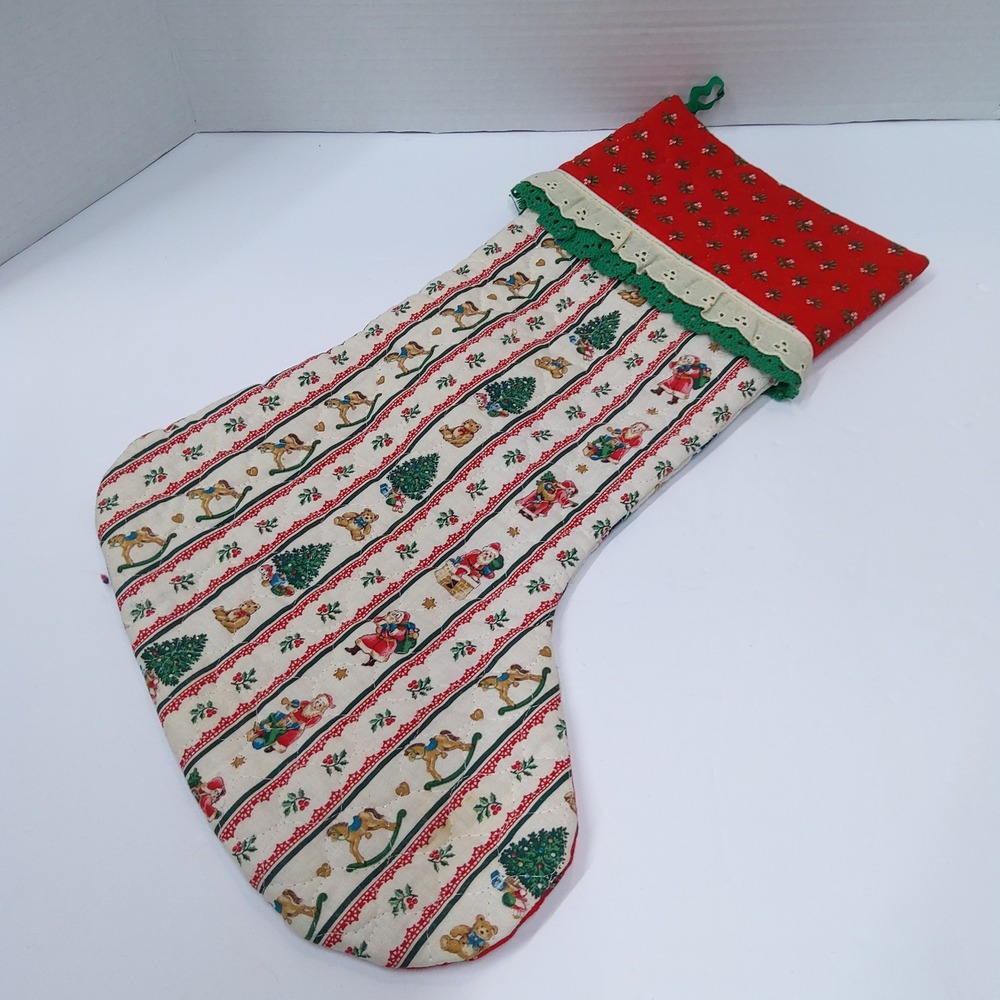 Vintage Handmade Christmas Print Stocking, Lace, Ric Rac, Fabric Quilted